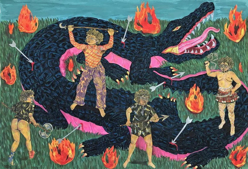 Just One of Those Days, painting by LaNia Sproles: four figures battle a giant black alligator among flames